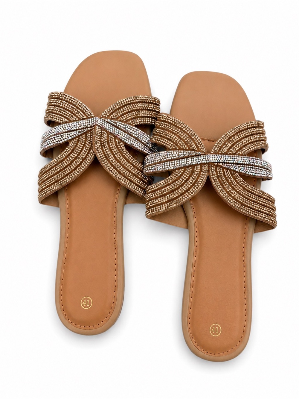 Women's Tan Crystal Knot Slide Sandals